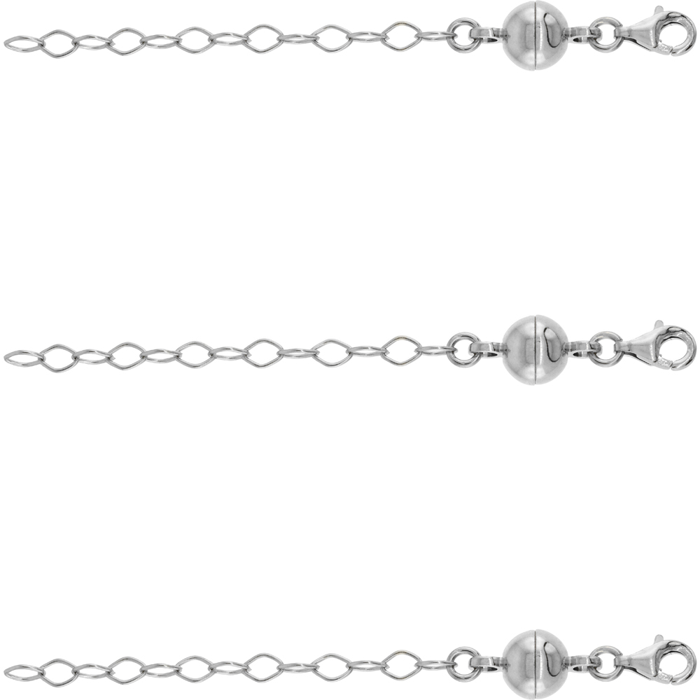 3 PACK Sterling Silver 8 mm Magnetic Ball Clasp Converter Rhodium Finish 2 inch Extention, Medium size