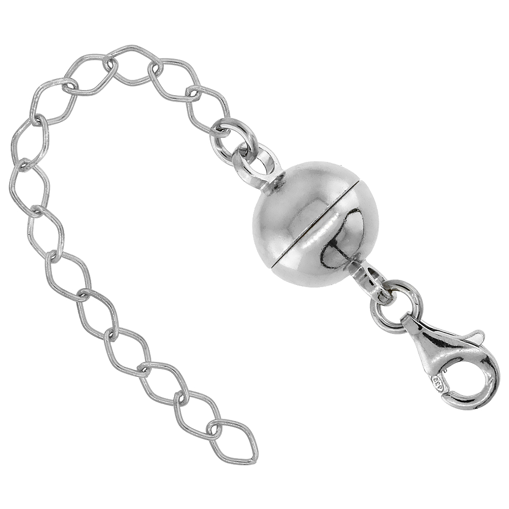 2 PACK Sterling Silver 10 mm Magnetic Ball Clasp Converter Rhodium Finish 2 inch Extention, Large