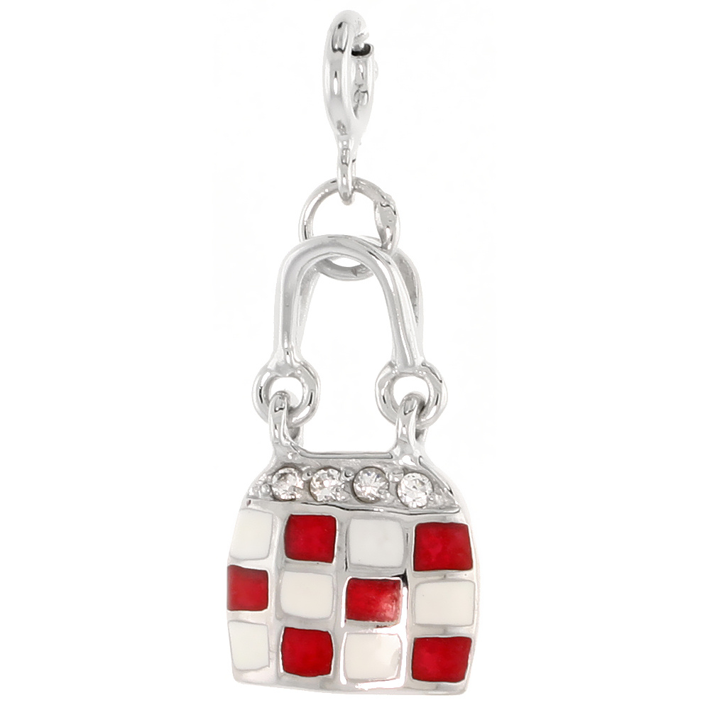 Sterling Silver Enamel Red & White Checkered Purse Charm with clasp for Bracelets Women CZ Accent 3/4 inch