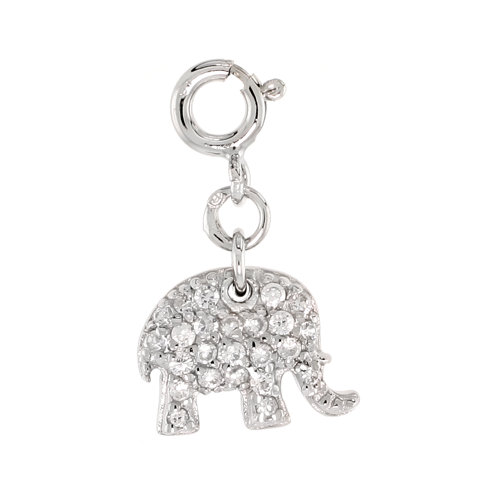 Sterling Silver Cubic Zirconia Jeweled Elephant Charm with clasp for Bracelets Women 3/8 inch