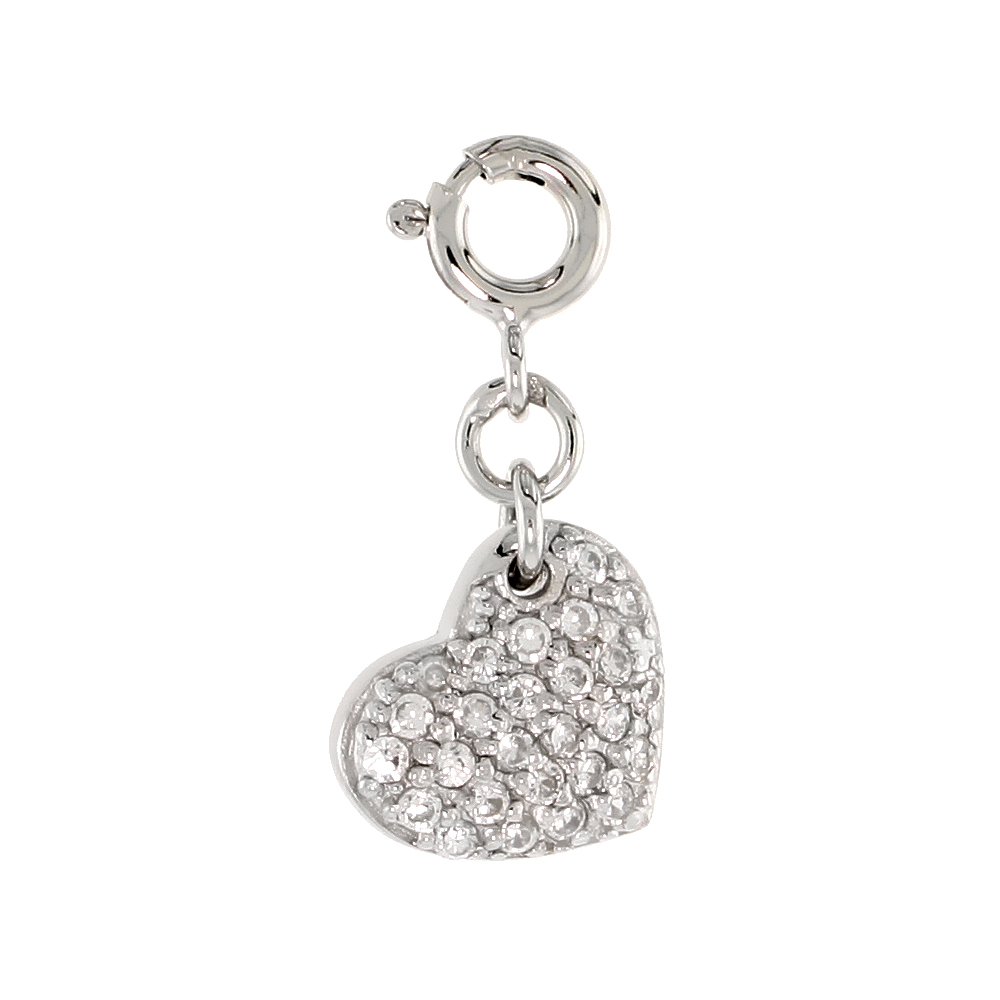 Sterling Silver Cubic Zirconia Jeweled Heart Charm with clasp for Bracelets Women 1/2 inch