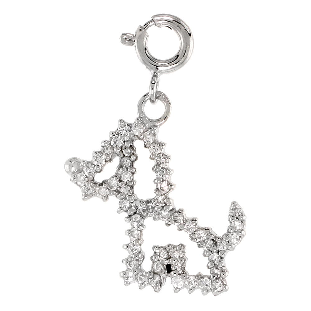 Sterling Silver Cubic Zirconia Jeweled Puppy Charm with clasp for Bracelets Women 13/16 inch