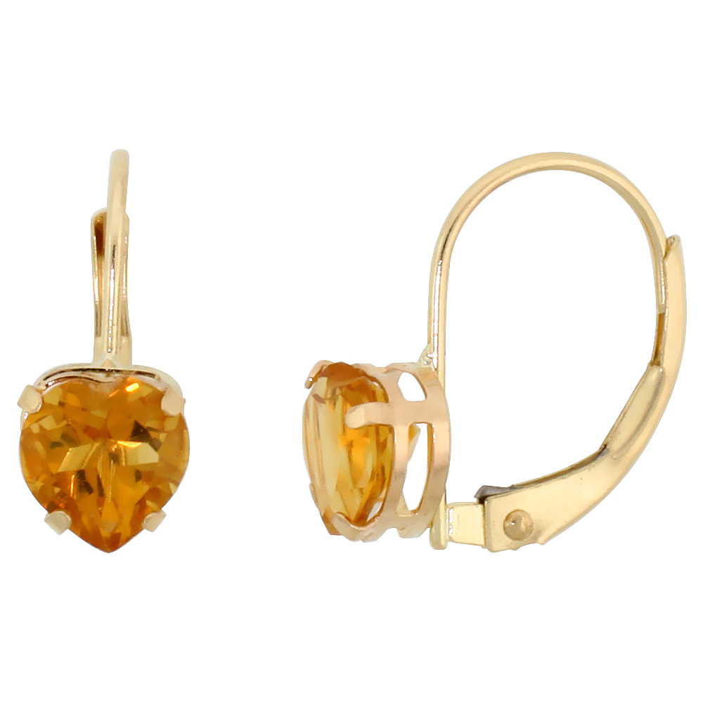 10k Yellow Gold Natural Citrine Heart Leverback Earrings 6mm November Birthstone, 9/16 inch long