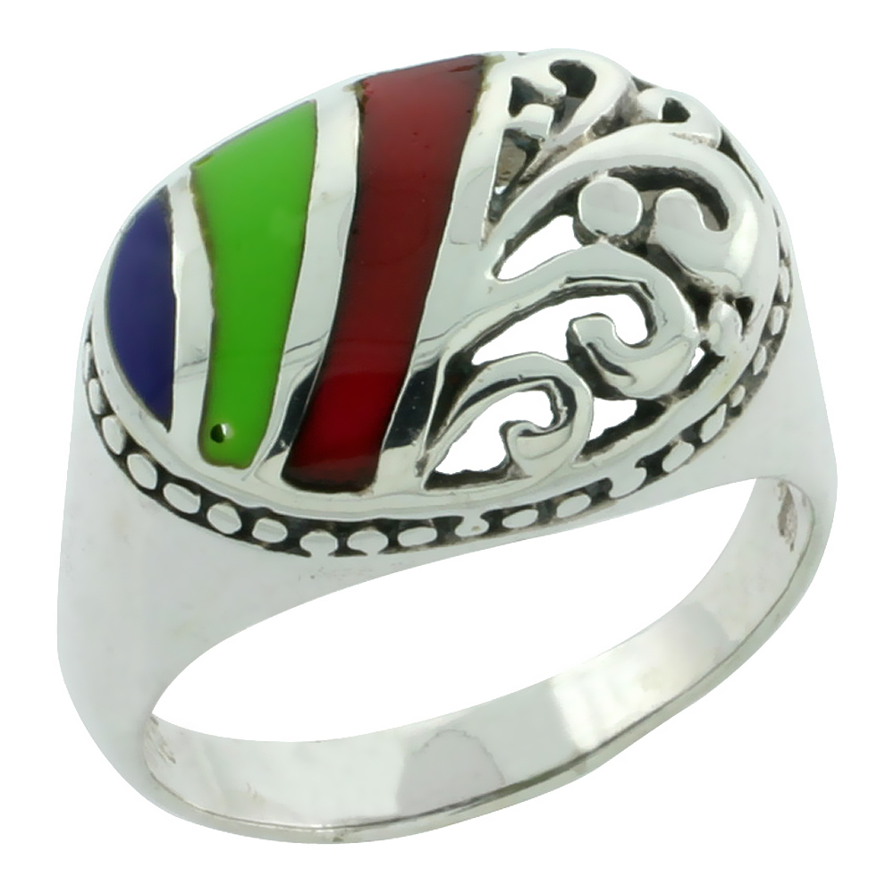 Sterling Silver Multi Color Oval Ring Southwest Design Synthetic Stones 5/8 inch,