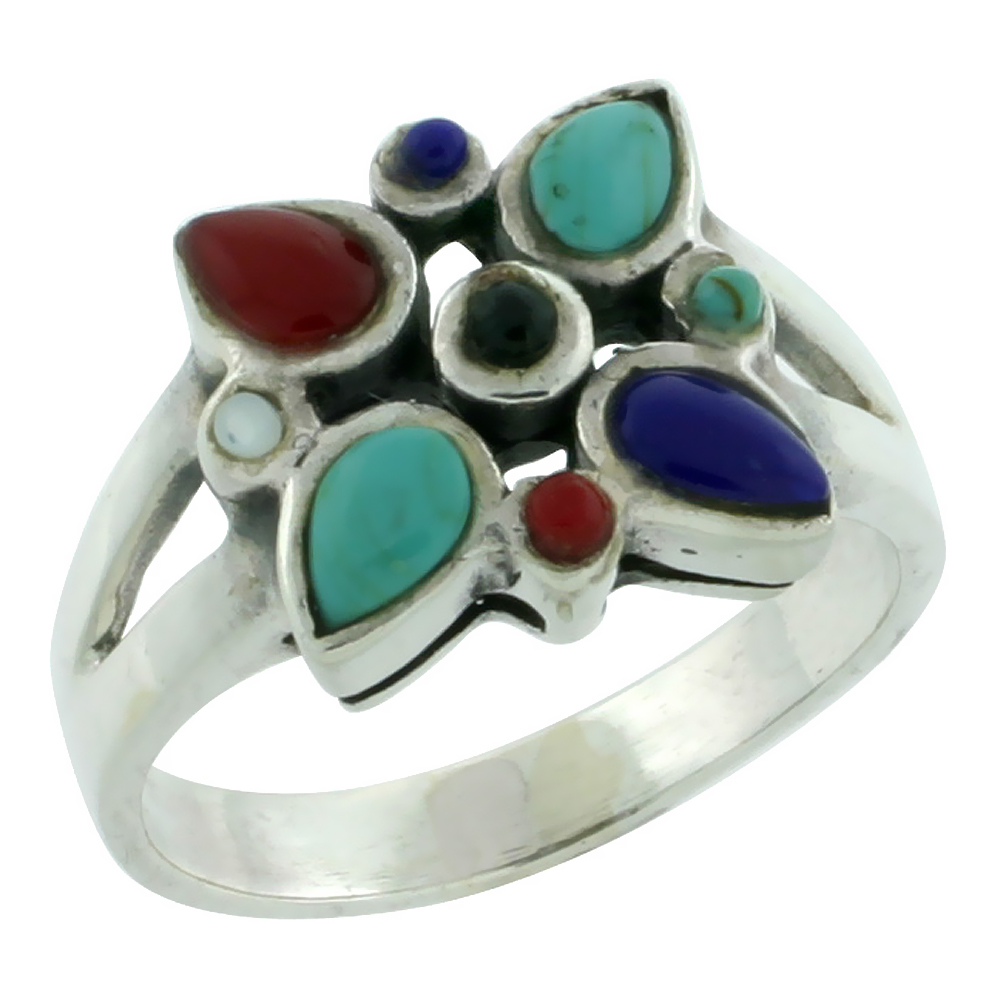 Sterling Silver Multi Color Star Ring Southwest Design Synthetic Stones 5/8 inch,