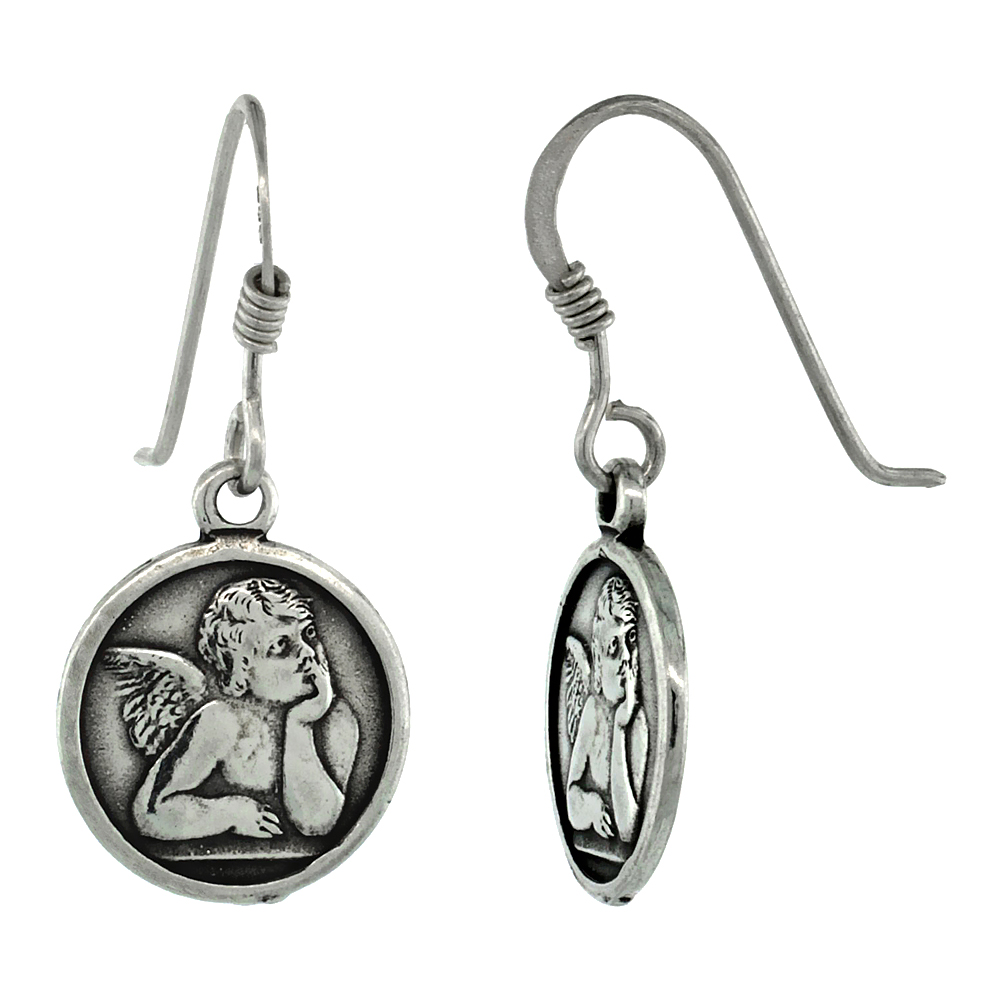 Sterling Silver Guardian Angel Dangle Earrings, 1 inch tall