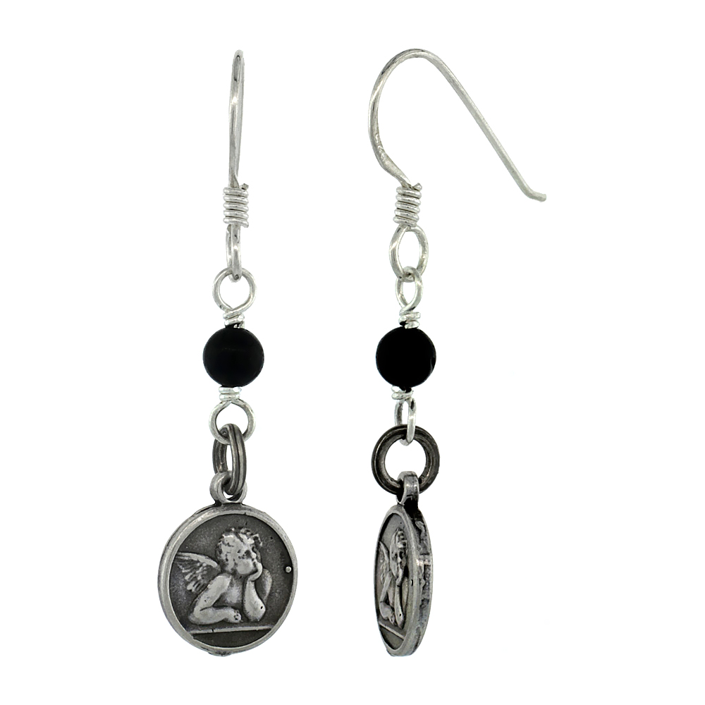 Sterling Silver Guardian Angel Dangle Earrings, Black Onyx Beads, 1 1/2 inch tall