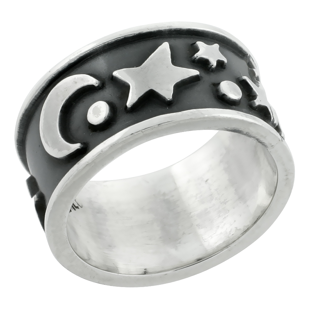 Sterling Silver Moon &amp; Stars Ring 7/16 inch wide, sizes 9 - 13