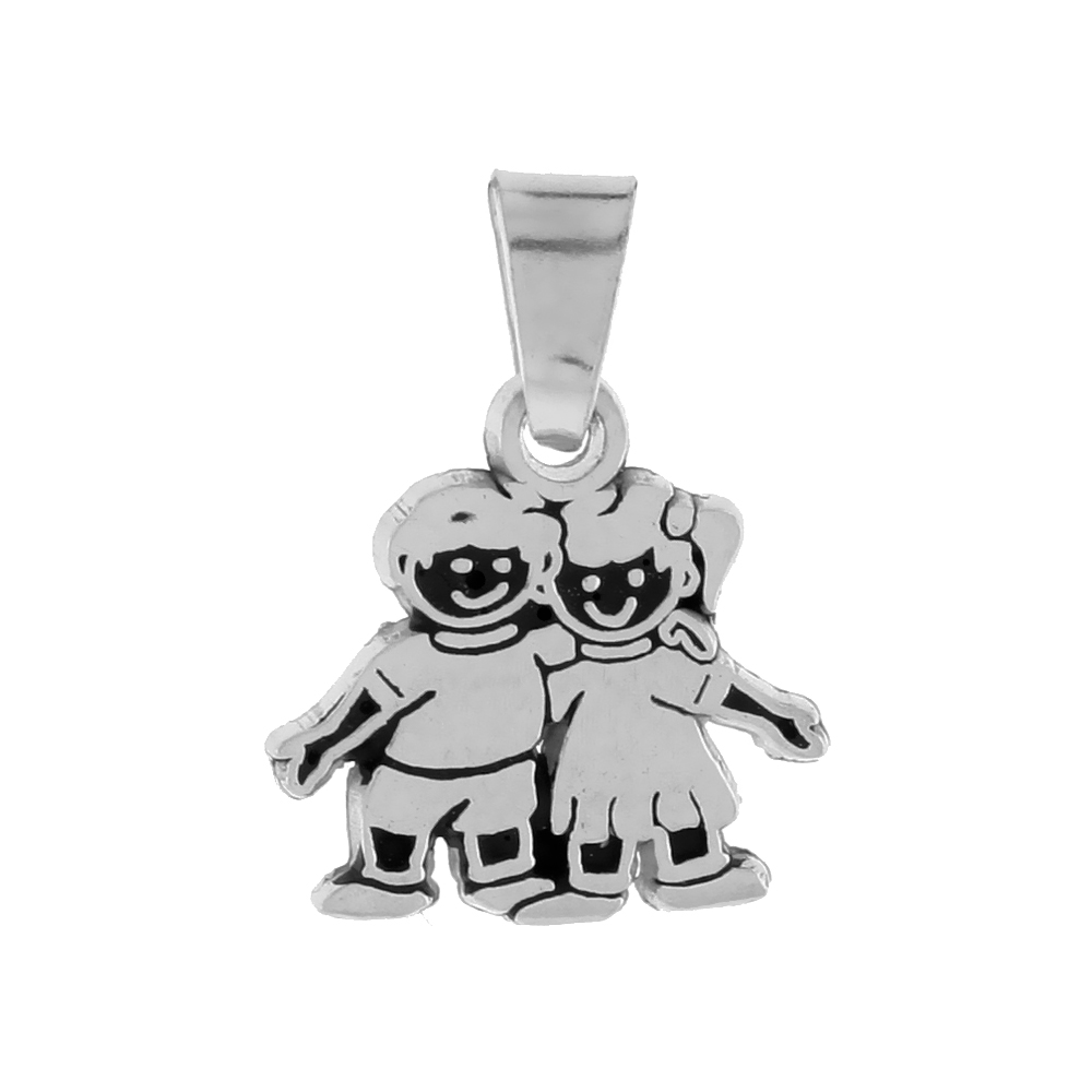Small Sterling Silver Arms Around Shoulders Smiling Boy and Girl Pendant for Women 1/2 inch tall