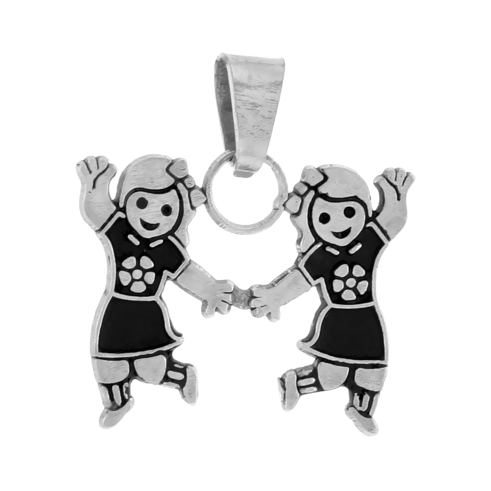 Sterling Silver Happy Waving 2 Girls Pendant for Women 11/16 inch tall