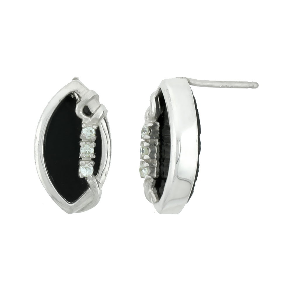 Sterling Silver Marquise-shaped Earrings, Black Onyx &amp; 3 Cubic Zirconia Stones, 5/8 inch tall