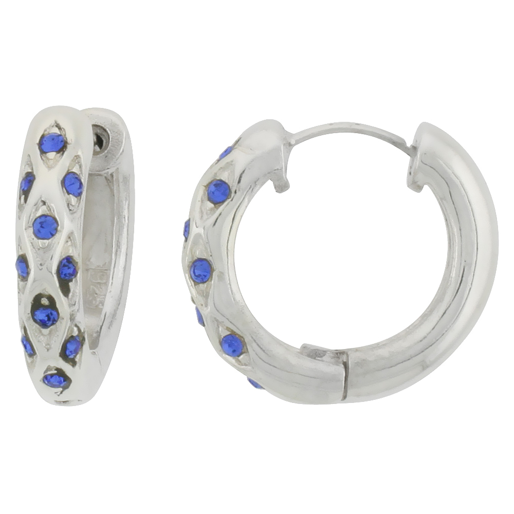 Sterling Silver Huggie Earrings 10 Sapphire Colored Crystals, 3/4 inch diameter