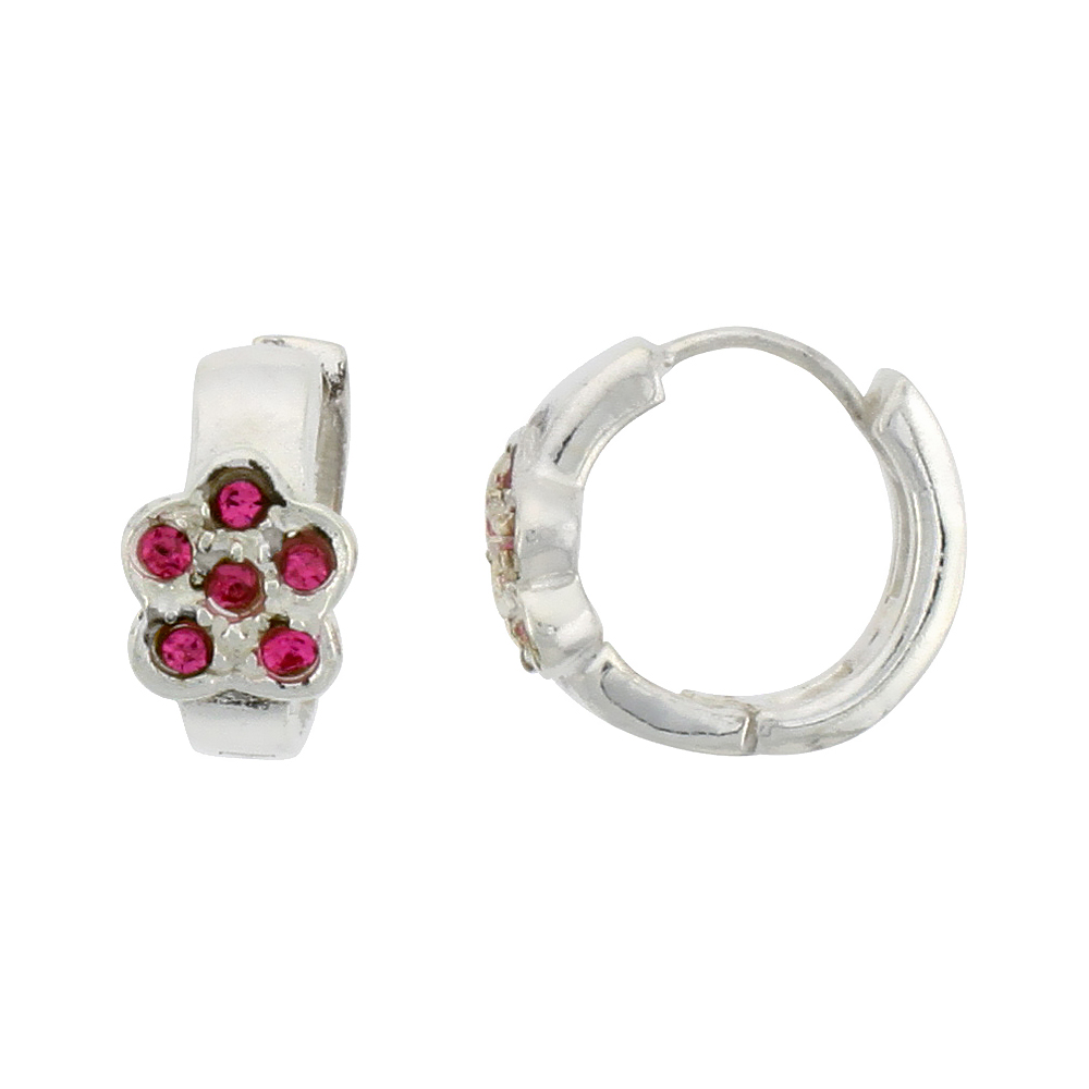 Sterling Silver Tiny Huggie Earrings, 6 Pink Colored Crystals in Flower Shape, 1/2 inch diameter