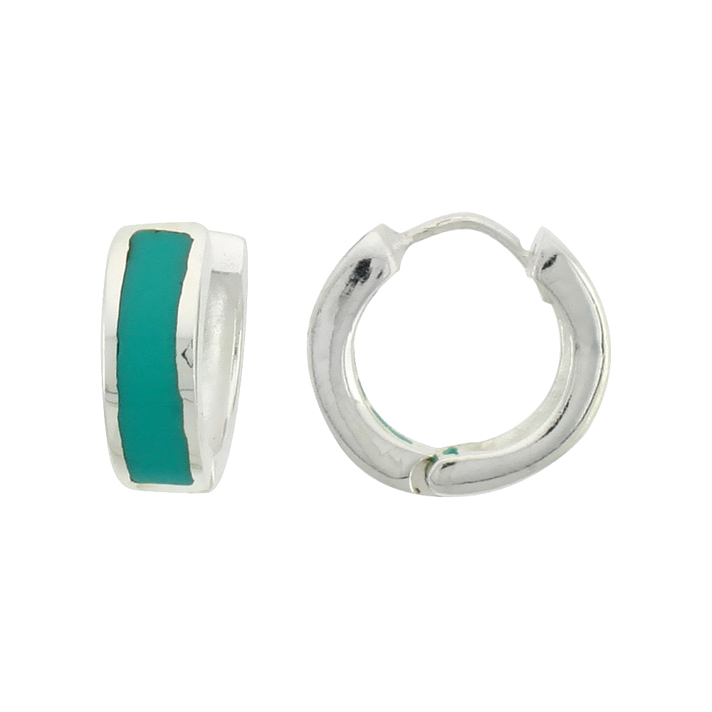 Sterling Silver Tiny Huggie Earrings Blue-Green Enamel, 1/2 inch diameter