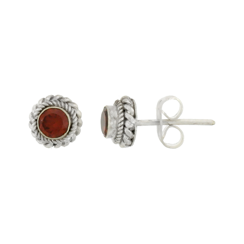 Sterling Silver Stud Earrings, Rope Designs &amp; 4mm Brilliant Cut Natural Carnelian Stone, 1/4 inch tall