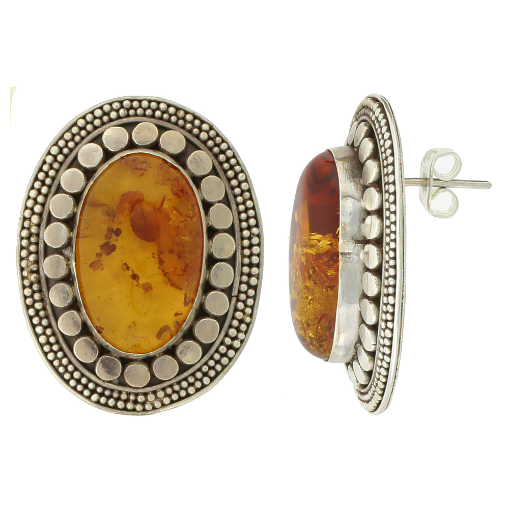 Sterling Silver Oval-shaped Earrings, 20 x 12 mm Cabochon Cut Russian Baltic Amber Stone, 1 3/16 inch tall