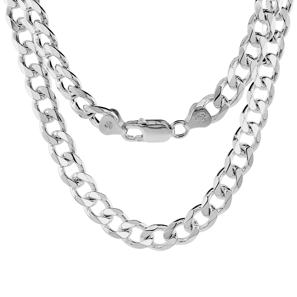 Sterling Silver 8mm Curb Cuban Link Chain Necklaces and Bracelets for Men and Women Beveled Edges Nickel Free Italy 7-36 inch