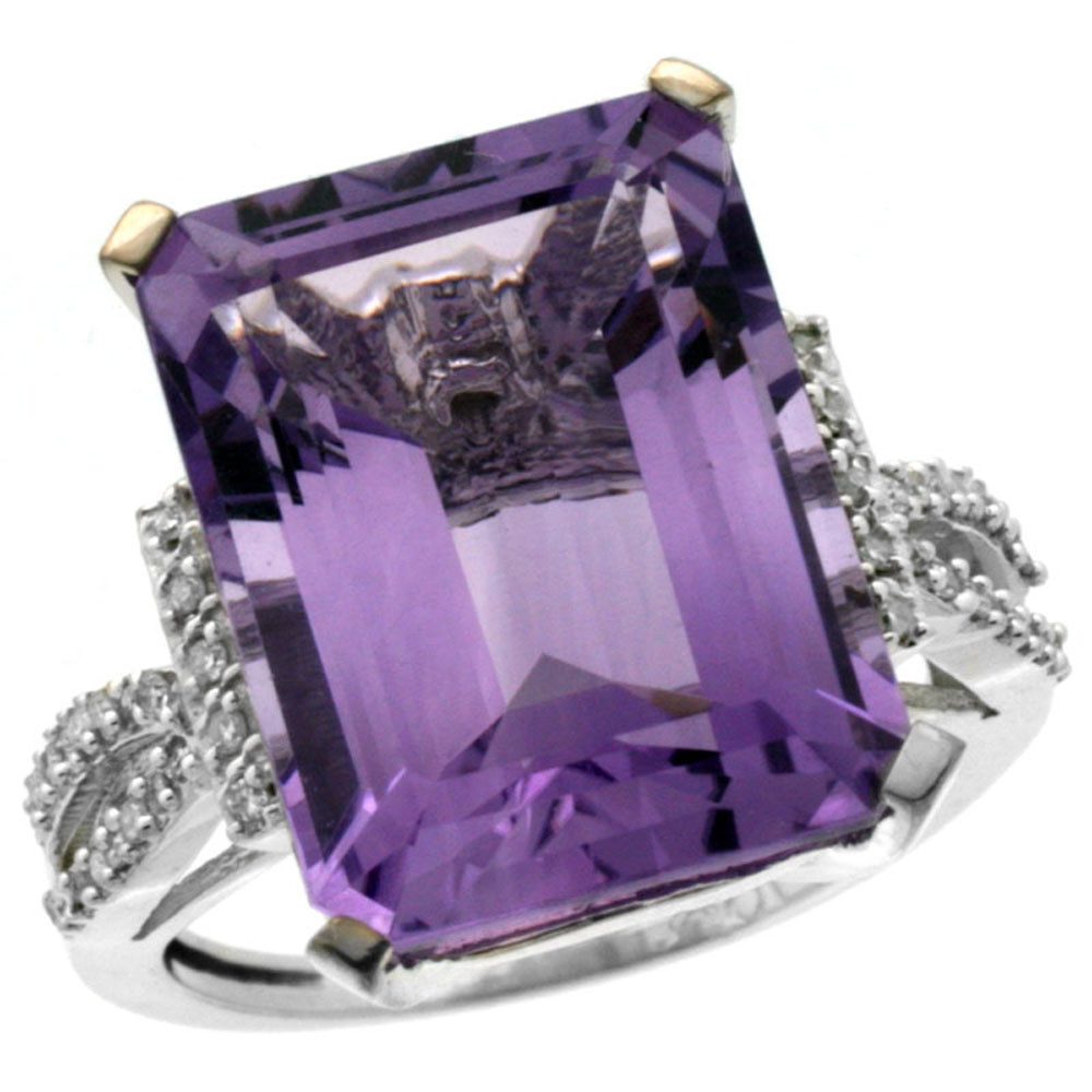 14K White Gold Natural Diamond Amethyst Ring Emerald-cut 16x12mm, sizes 5-10