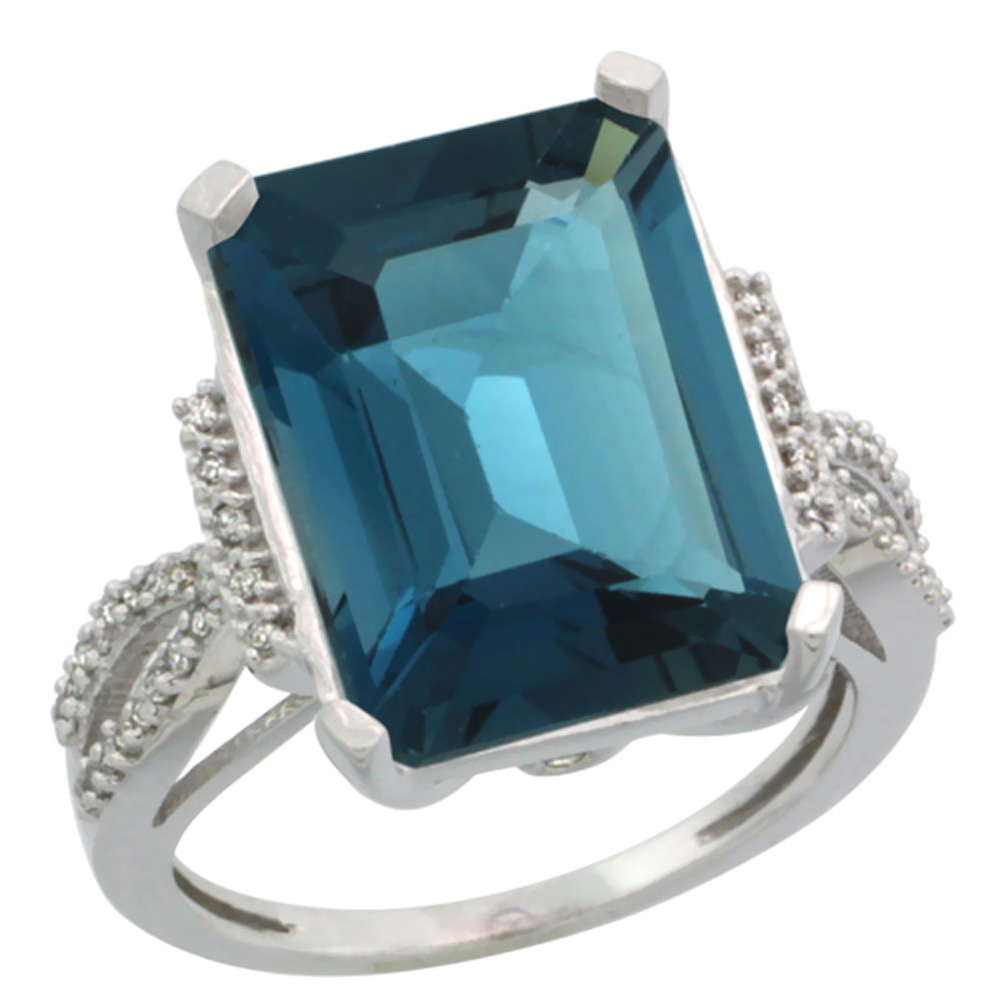 14K White Gold Diamond Natural London Blue Topaz Ring Emerald-cut 16x12mm, sizes 5-10