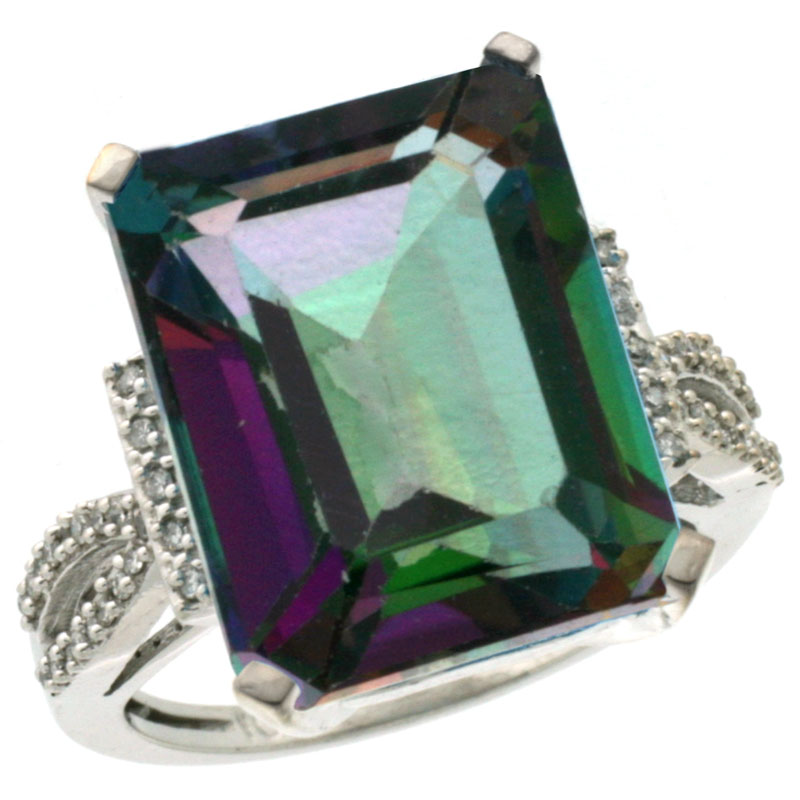 14K White Gold Natural Diamond Mystic Topaz Ring Emerald-cut 16x12mm, sizes 5-10