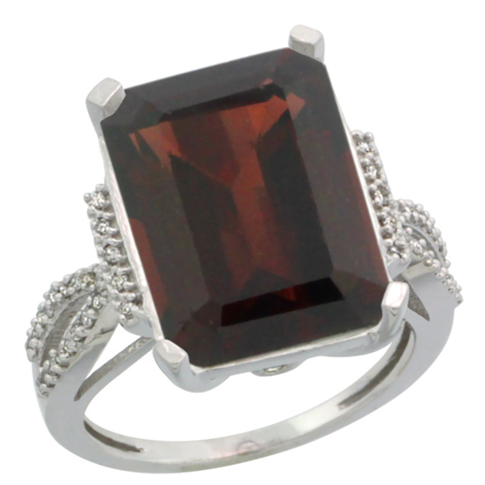 14K White Gold Diamond Natural Mozambique Garnet Engagement Ring Emerald-cut 16x12mm, size 5-10