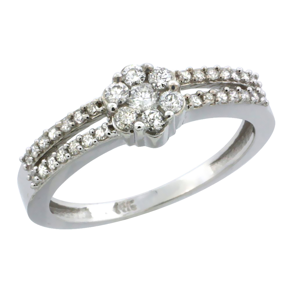 14k White Gold Flower Cluster Diamond Engagement Ring w/ 0.37 Carat Brilliant Cut Diamonds, 1/4 in. (6.5mm) wide