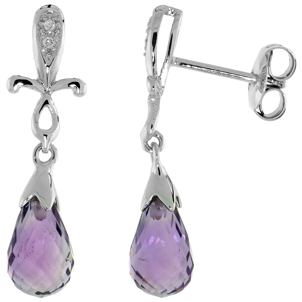 10k White Gold Cross & Amethyst Earrings, w/ 0.02 Carat Brilliant Cut Diamonds, 1 in. (25mm) tall