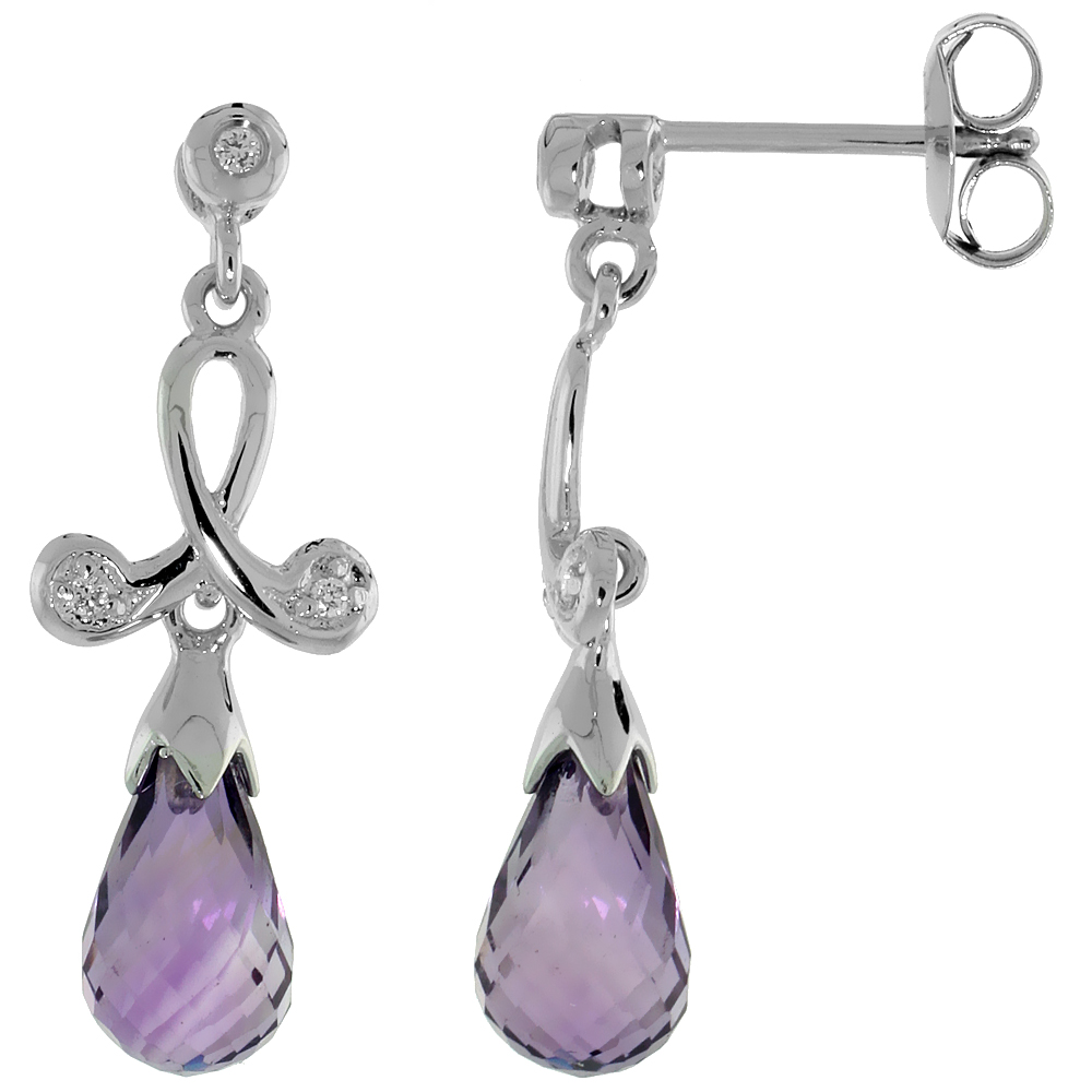 10k White Gold Loop &amp; Amethyst Earrings, w/ 0.05 Carat Brilliant Cut Diamonds, 1 in. (26mm) tall