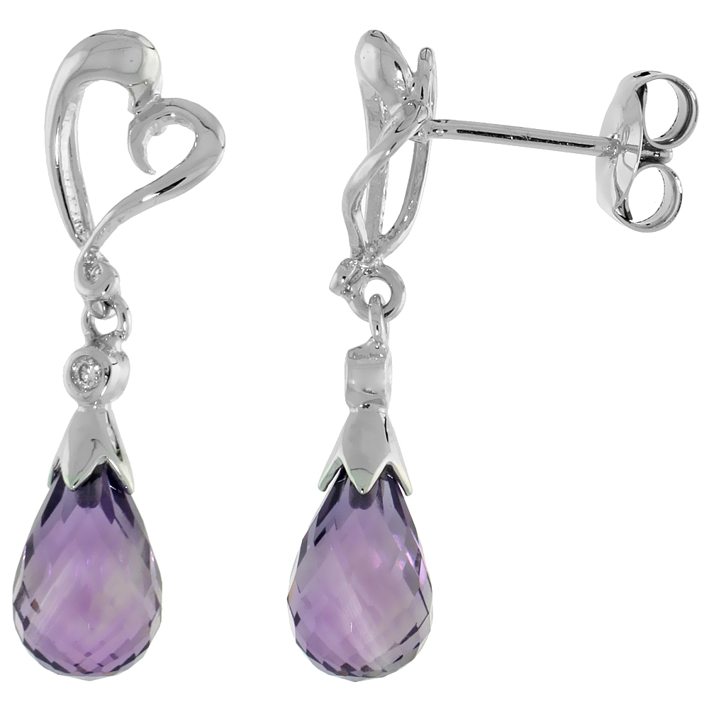 10k White Gold Heart Cut Out & Amethyst Earrings, w/ Brilliant Cut Diamonds, 1 1/16 in. (27mm) tall