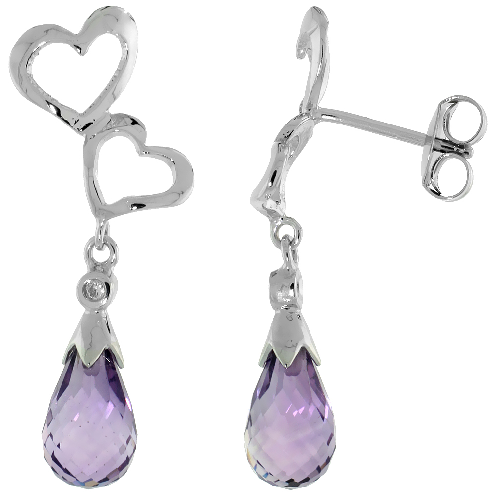 10k White Gold Double Heart Cut Out &amp; Amethyst Earrings, w/ Brilliant Cut Diamonds, 1 1/8 in. (29mm) tall