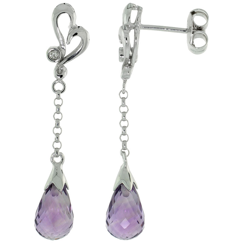 10k White Gold Heart Cut Out & Amethyst Earrings, w/ 0.03 Carat Brilliant Cut Diamonds, 1 7/16 in. (36mm) tall