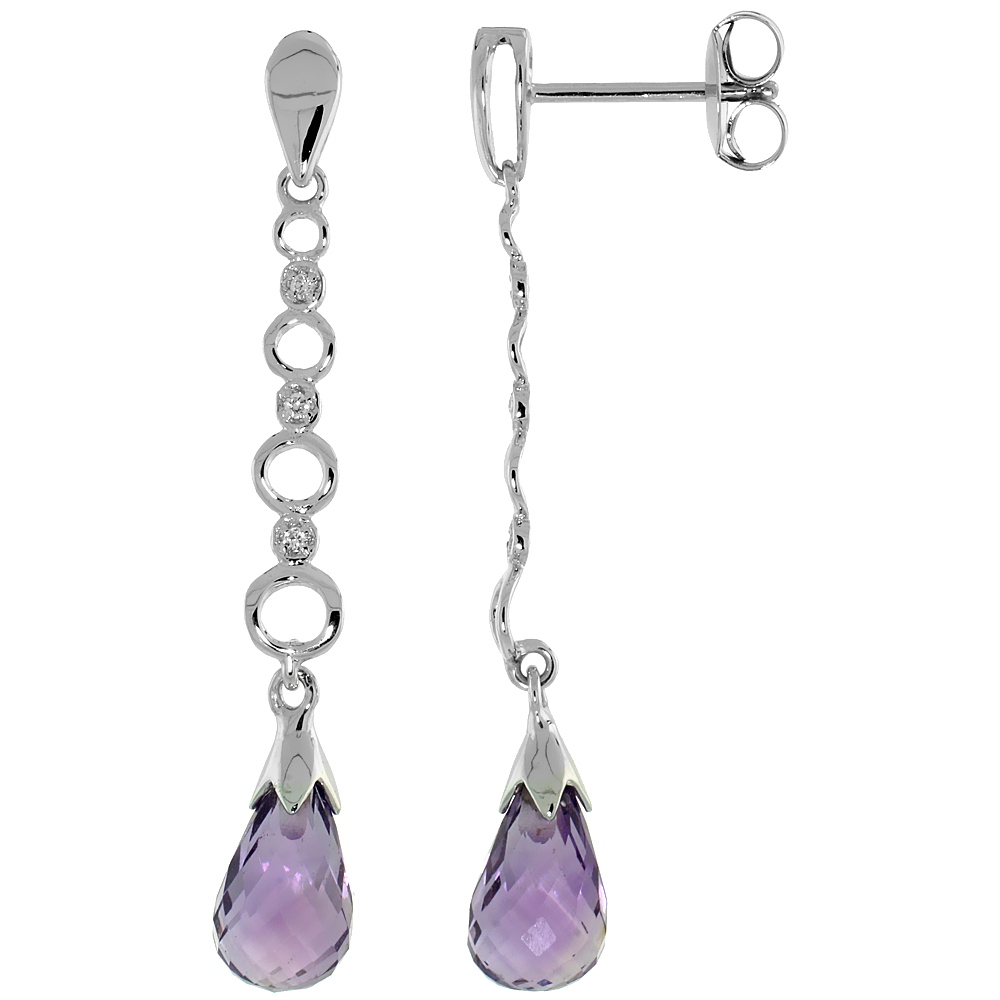 10k White Gold Graduated Circle Cut Outs &amp; Amethyst Earrings, w/ 0.05 Carat Brilliant Cut Diamonds, 1 9/16 in. (40mm) tall