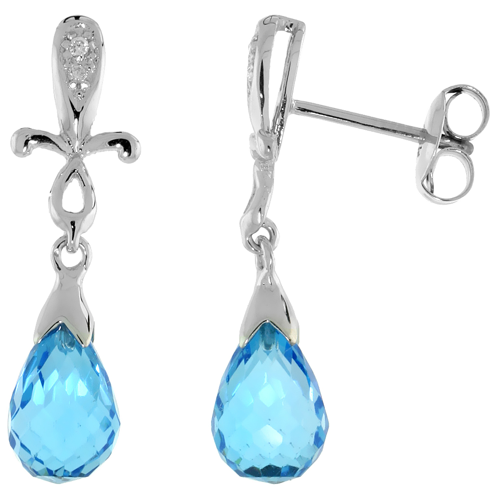 10k White Gold Cross & Blue Topaz Earrings, w/ 0.02 Carat Brilliant Cut Diamonds, 1 in. (25mm) tall