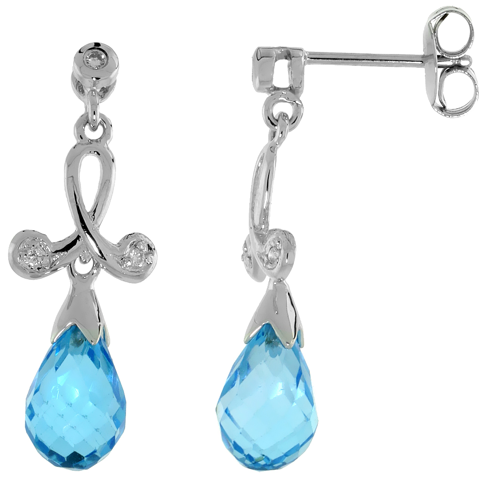 10k White Gold Loop &amp; Blue Topaz Earrings, w/ 0.05 Carat Brilliant Cut Diamonds, 1 in. (26mm) tall