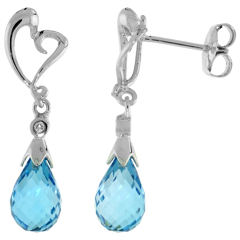 10k White Gold Heart Cut Out & Blue Topaz Earrings, w/ Brilliant Cut Diamonds, 1 1/16 in. (27mm) tall