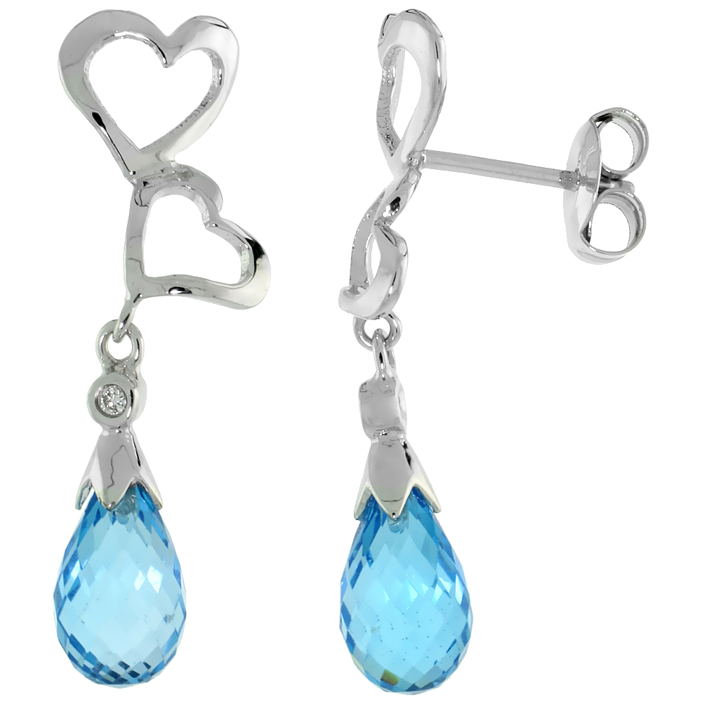 10k White Gold Double Heart Cut Out &amp; Blue Topaz Earrings, w/ Brilliant Cut Diamonds, 1 1/8 in. (29mm) tall