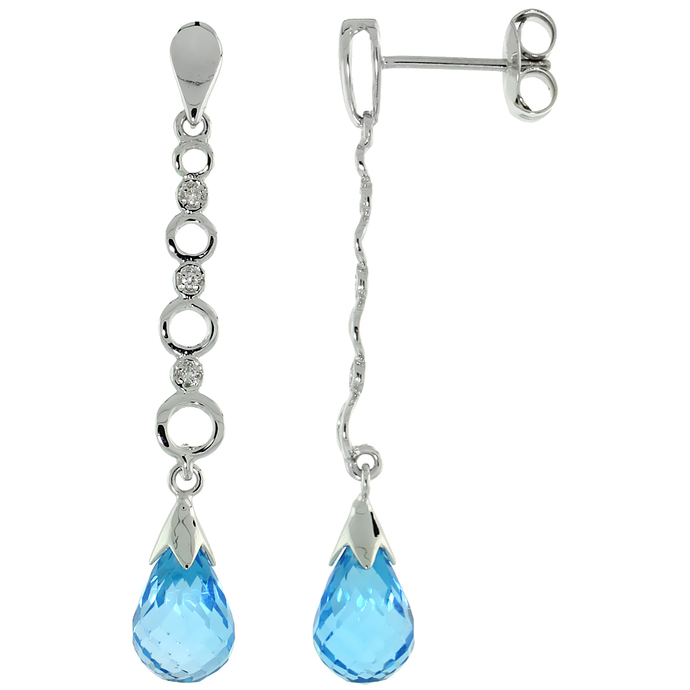 10k White Gold Graduated Circle Cut Outs &amp; Blue Topaz Earrings, w/ 0.05 Carat Brilliant Cut Diamonds, 1 9/16 in. (40mm) tall