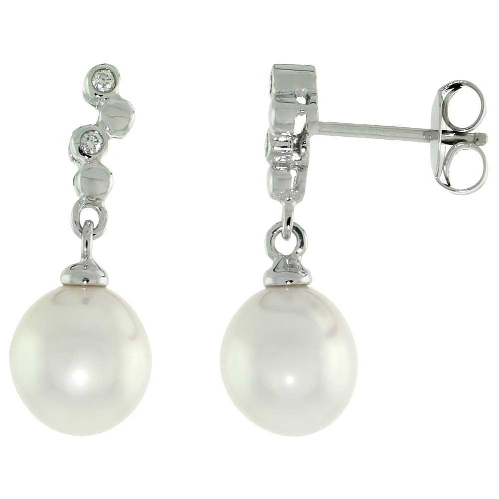 10k White Gold Bubbles & Pearl Earrings, w/ 0.03 Carat Brilliant Cut Diamonds, 13/16 in. (21mm) tall