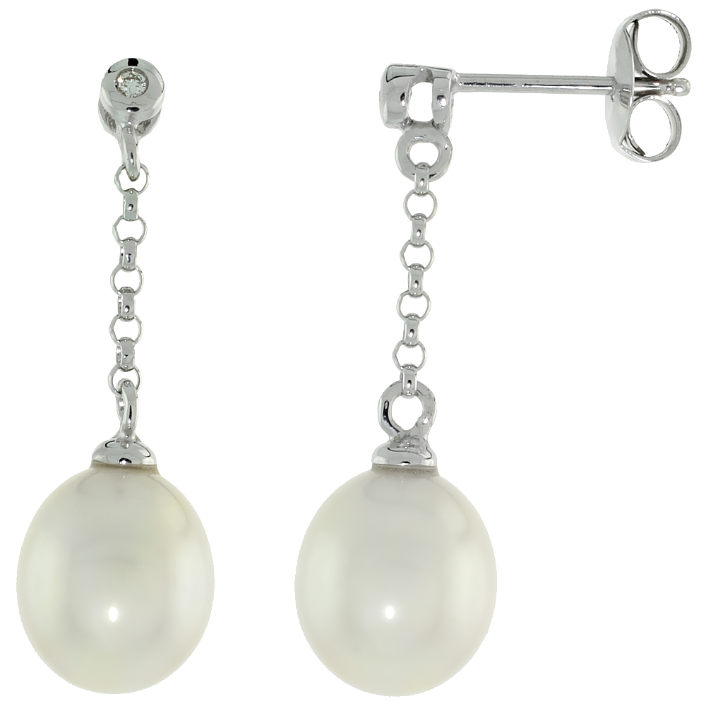 10k White Gold Dangle Pearl Earrings, w/ 0.02 Carat Brilliant Cut Diamonds, 1 1/8 in. (28mm) tall