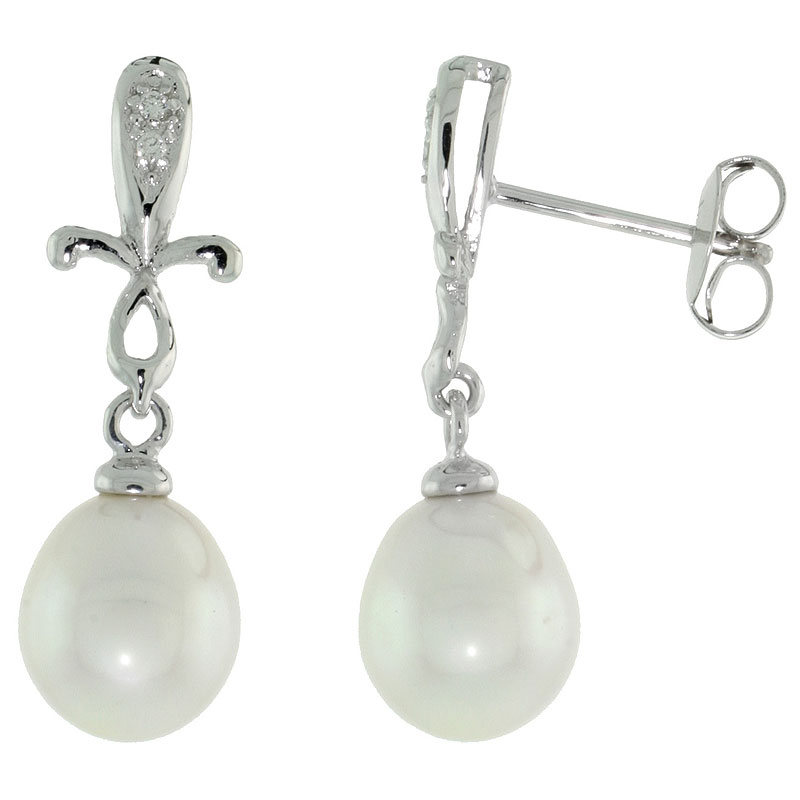 10k White Gold Cross & Pearl Earrings, w/ 0.02 Carat Brilliant Cut Diamonds, 1 in. (25mm) tall