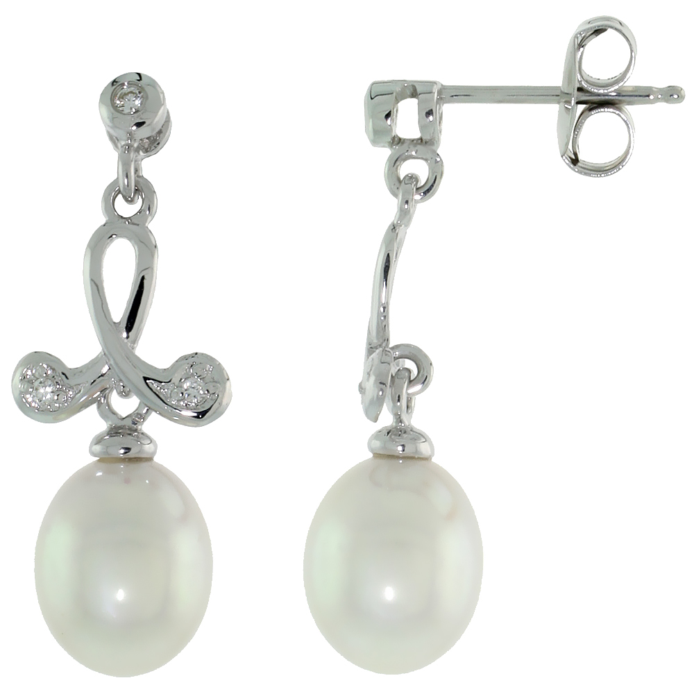 10k White Gold Loop & Pearl Earrings, w/ 0.05 Carat Brilliant Cut Diamonds, 1 in. (25mm) tall