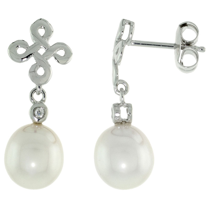 10k White Gold Infinity Cross Pearl Earrings, w/ 0.03 Carat Brilliant Cut Diamonds, 7/8 in. (22mm) tall