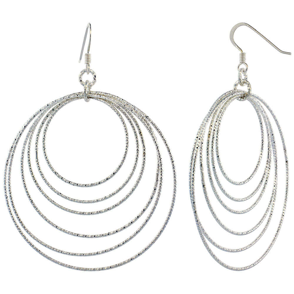 Sterling Silver Diamond Cut Tubing Dangling Circles Earrings, 2-3/4 in. tall