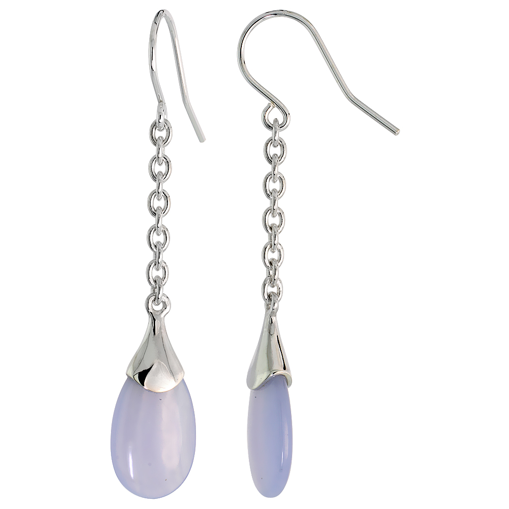 Teardrop-shaped Blue lace Agate Dangle Earrings in Sterling Silver, 1 1/2" (38 mm) tall