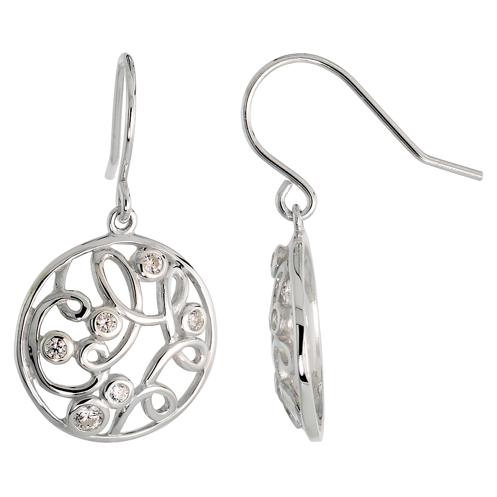 Sterling Silver Round Filigree Dangle Earrings w/ Brilliant Cut CZ Stones, 3/4" (19 mm) tall