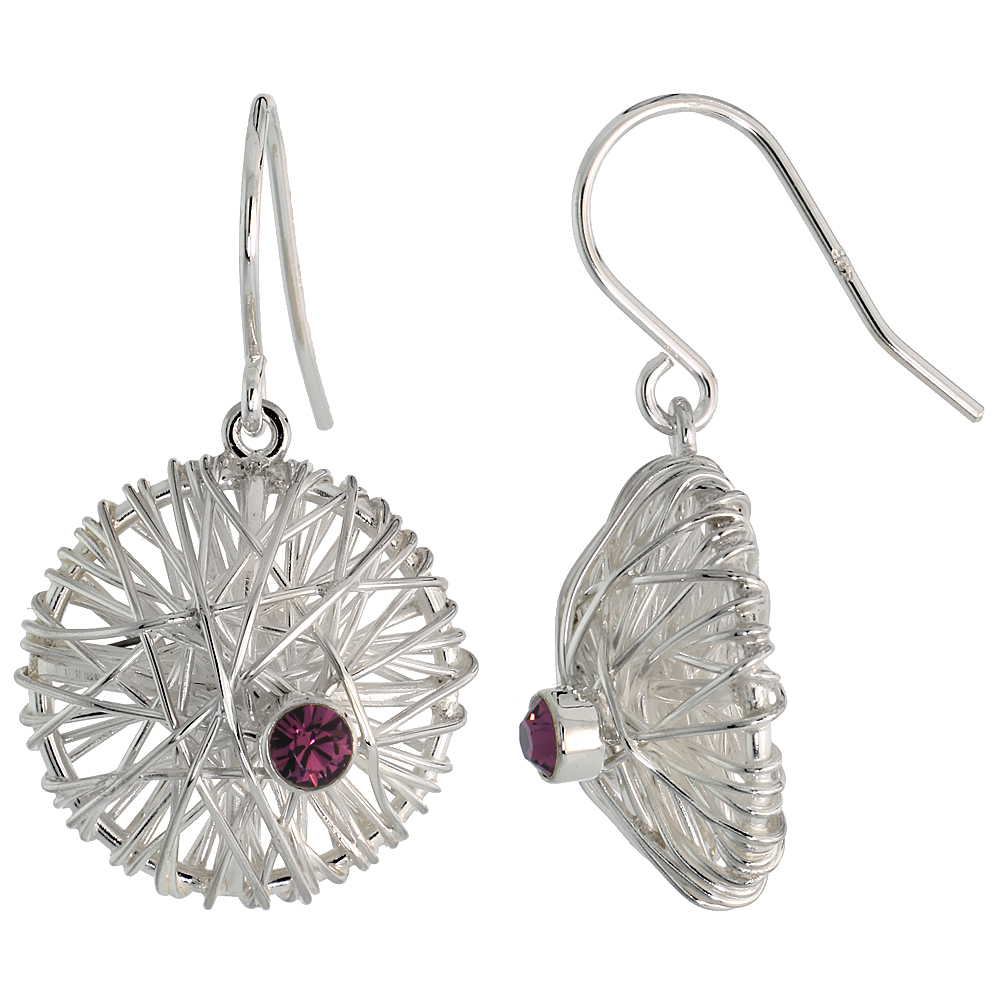 Sterling Silver Round Filigree Dangle Earrings w/ Brilliant Cut Amethyst-colored CZ Stone, 13/16" (20 mm) tall