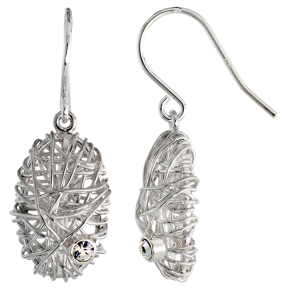 Sterling Silver Oval Filigree Dangle Earrings w/ Brilliant Cut CZ Stone, 13/16" (20 mm) tall