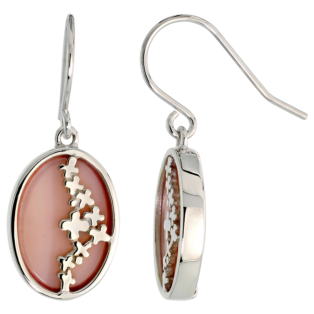 Oval-shaped Pink Mother of Pearl Dangle Earrings in Sterling Silver, 3/4" (19 mm) tall