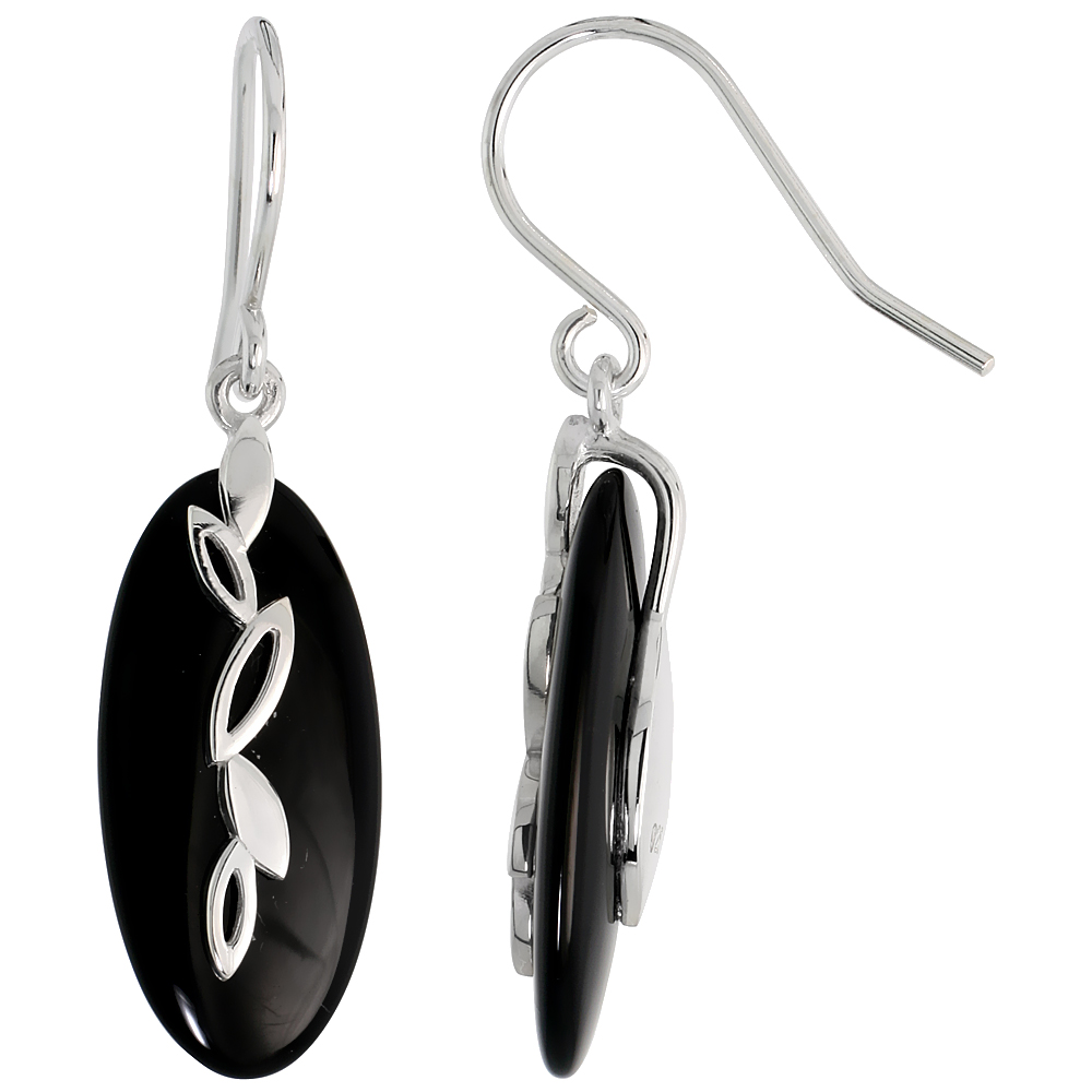 Oval-shaped Black Onyx Dangle Earrings w/ Leaves in Sterling Silver, 15/16" (24 mm) tall