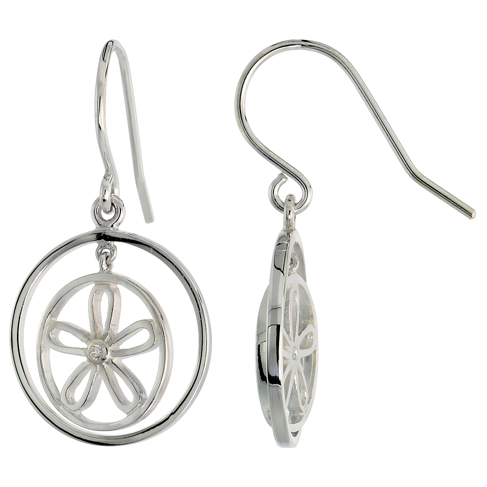 High Polished Flower & Circles Dangle Earrings in Sterling Silver, w/ Brilliant Cut CZ Stone, 3/4" (19 mm) tall